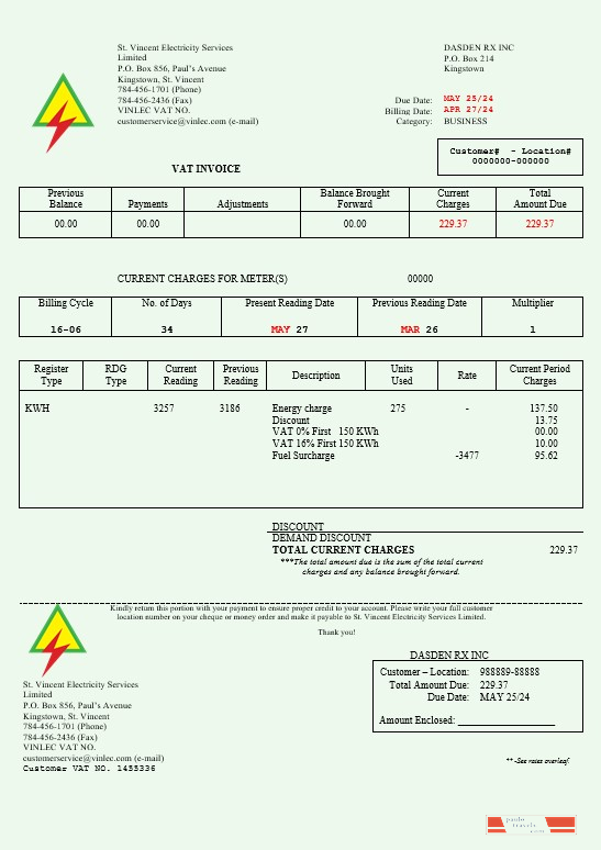 Saint Vincent and the Grenadines St. Vincent Electricity Services Limited busienss utility bill Word and PDF template PSD template